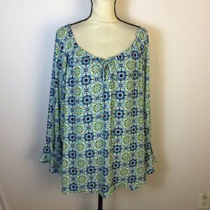 Halo Blouse Top 2X Womans Plus Blue Floral Print Bell Sleeve Lace Up Tie Neck